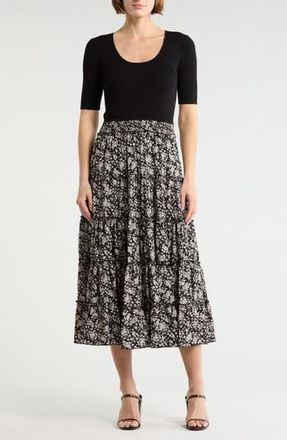 T Tahari Mixed Media Midi Dress in Black With Ditsy Floral Skirt at Nordstrom Rack, Size X-Small