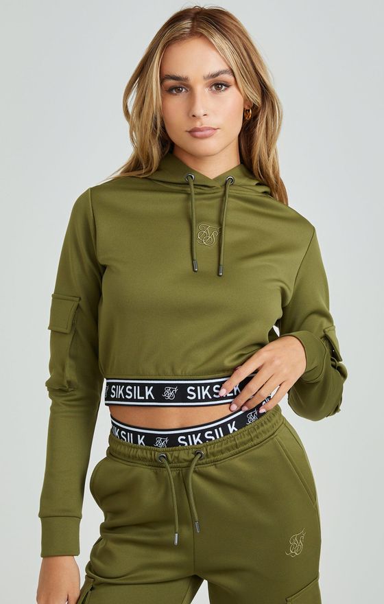 Sudadera con capucha SikSilk para mujeres en caqui con bolsillos cargo y cinta L