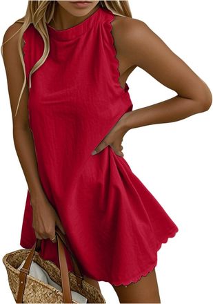 Generic Womens Summer Dresses, Cotton Linen Loose Fit Sleeveless Scallop Mock Neck Mini Tank Dress Beach Sundress (Red,3XL)