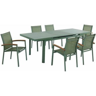 Vente-Unique Sala pranzo giardino Alluminio Verde acqua NAURU: tavolo allung. L.180/240cm 6 poltrone impil. braccioli Acacia