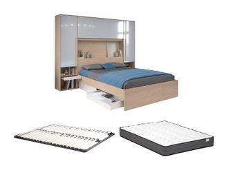 Vente-Unique Cama con almacenamiento 140 x 190 cm con luces LED - Color: natural y blanco brillante + Somier + Colch&oacute;n - VELONA
