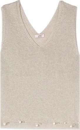 Oltre Lurex Gebreide Top met Juweelborduursel - Dames - V-hals truien - Beige - S - Nylon - Truien & Vesten
