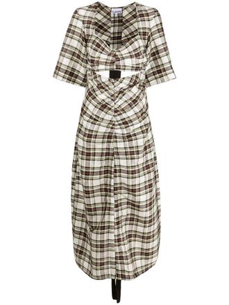 Ganni ruched plaid midi dress - women - Silk/Linen/Flax - 34 - Black