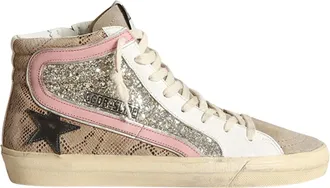 Golden Goose Womens Slide Mid-Top Snake Glitter Sneaker In Beige
