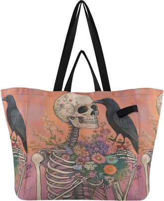 Generic Skeleton Raven Pink pattern Reusable Canvas Tote Bag, Heavy Duty Grocery Shopping Bag with Large Capacity Double Handles Hard Bottom Work Groceries Tr