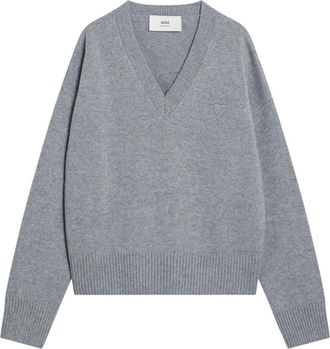 Ami Maglione con scollo a V e ricamo logo - Grigio