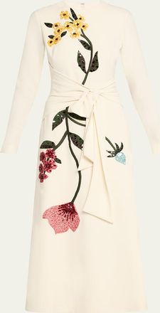 Lela Rose Floral Embroidered Long-Sleeve Tie Waist Midi Dress