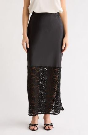 Renee C Lace Trim Satin Maxi Skirt in Black at Nordstrom Rack, Size X-Small