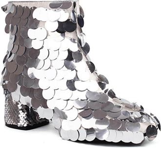 Generic Womens Block Heel Short Boots with Side Zipper Round Toe Glitter Ankle Boots Evening Party Prom Shoes,Silver,4.5 UK