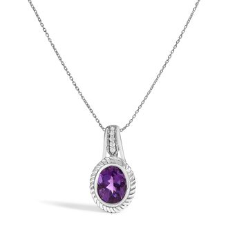 House of Brilliance 925 Sterling Silver 10x8 mm Amethyst and Diamond Accent Oval Pendant Necklace