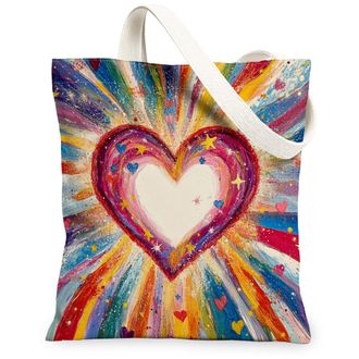 Generic Heart Pattern Canvas Tote Bags, Colorful Artistic Reusable Grocery Bags, Summer Vibrant Lightweight Washable Shoulder Strap Canvas for Travel Beach Pi