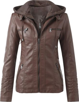 Generic Biker Jacket Womens Leather Womens Hooded Jacket Motorcycle Jacket Funky Slim Faux Leather Jacket Trendy Functional Jacket Women with Hood Long Sleeve