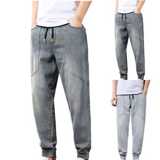 Generic Mens Elasticated Waist Jeans, Cuffed Jeans For Men Fashion Cuffed Denim Joggers With Pockets Lightweight Regular Fit Denim Sweatpants Drawstring Causa