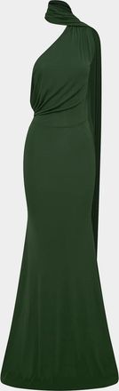 Alex Perry One-Shoulder Scarf-Neck Jersey Maxi Dress