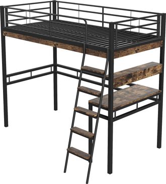 STILVORA Cama Alta 90 X 200 Cm Con Escritorio, Estantes Y Barandilla, Sin Colch&oacute;n, De Metal, Negro