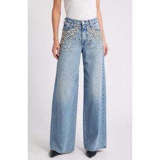 Rag & Bone Featherweight Sofie Bedazzled High Waist Wide Leg Jeans in Mali Jewel at Nordstrom Rack, Size 24