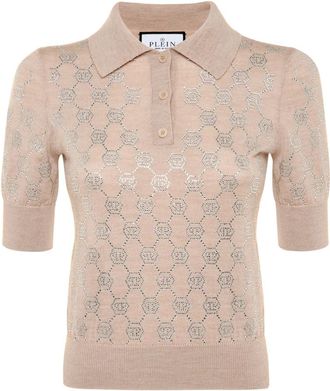 Philipp Plein Knitted Strass Polo-Neck SS Monogram - Dames - V-hals truien - Beige - S - Wol - Truien & Vesten