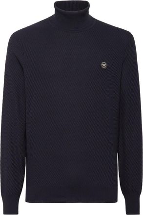 Philipp Plein Gebreide coltrui van wol en zijde - Heren - Coltruien - Blauw - 2XL - Wol - Truien & Vesten