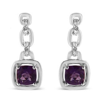 House of Brilliance 925 Sterling Silver 6x6MM Cushion Shaped Natural Purple Amethyst, Accent Drop and Dangle Earrings