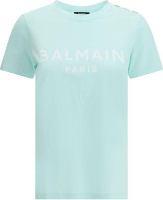 Balmain Womens Logo Graphic Tee - Turquoise Cotton - Size Medium