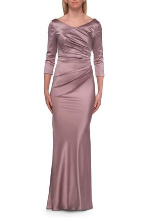 La Femme Satin Three Quarter Sleeve Draped Evening Gown in Taupe at Nordstrom, Size 14