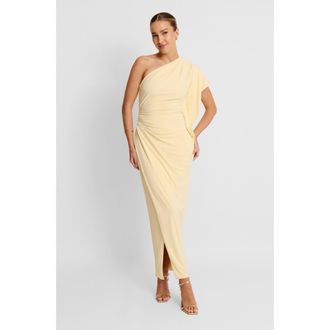 Six Stories Asymmetric Stretch Gathered Maxi Dress in Pale Lemon at Nordstrom, Size 10