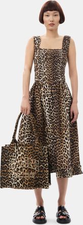 Ganni Leopard Printed Cotton Poplin Midi Strap Smock Dress Size 8 Womens