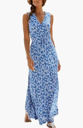 Lascana Womens Sleeveless V-Neck Maxi Dress in Blue-Printed at Nordstrom, Size 12