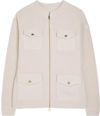Moncler Logo Ribbed Wool and Shell Cardigan - Natural - S (UK 10 / S)