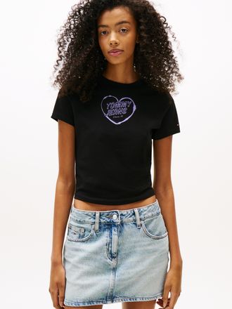 Tommy Jeans Kurzarmshirt TOMMY JEANS TJW SLIM SH HEART TEE, Damen, Gr. XL (42), schwarz, Single Jersey, Obermaterial: 100% Baumwolle, unifarben, figurbetont, Shir