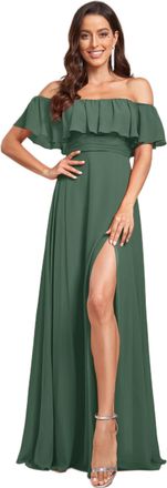 Ever-pretty Womens Maxi Bridesmaid Dress Off The Shoulder Evening Dress with Thigh High Slit Eucalyptus Green 18UK