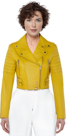Infinity Leather Dames geel cropped Brando leren bikerjack - Bellville