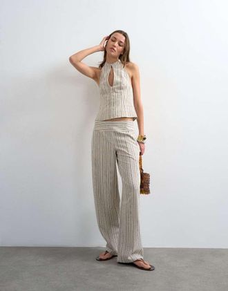 Topshop Pantaloni a vita bassa effetto lino a righe &eacute;cru in coordinato-Bianco