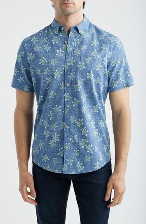 Reyn Spooner Honu Holoholo Turtle Print Short Sleeve Cotton Blend Button-Down Shirt in Riviera Blue at Nordstrom, Size Xx-Large