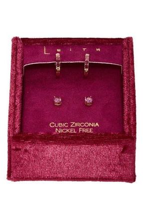 Leith Set of 2 Cubic Zirconia Stud & Huggie Hoop Earrings in Pink Multi- Gold at Nordstrom Rack