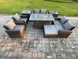 Fimous Wicker PE Rattan Garden Furniture Sets Patio Outdoor Gas Firepit Dining Table Heater Set with Double Seat Sofa Side Tables in Dark Grey