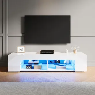 Elegant Lighting High Gloss tv Stand with led Lights, Floor Stand tv Unit with Open Glass Shelves, Suitable for Living Room & Bedroom, White, 1350x390x300mm - Elegant