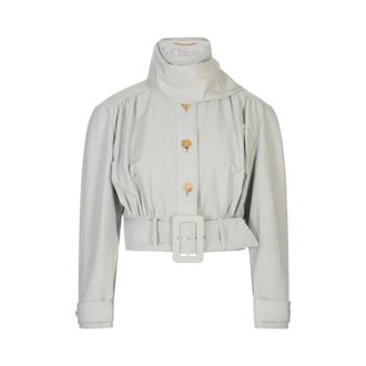 Chlo&eacute; Cropped Jas met Sjaaldetail en Riem - Dames - Jassen - Grijs - Maat: M Katoen