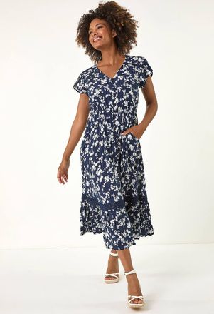 Roman Floral Button Down Frill Midi Dress