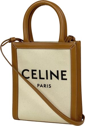 Celine Brown Ivory Canvas Leather Shoulder Bag Tote Bag (Pre-Owned)