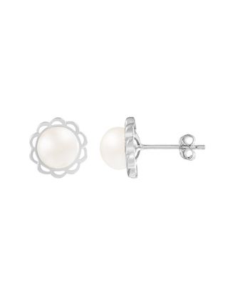 Splendid Pearls Rhodium Plated 7-7.5Mm Pearl Cz Earrings