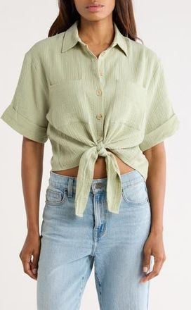FRNCH Short Sleeve Tie Front Button-Up Top in Pistache at Nordstrom Rack, Size X-Small