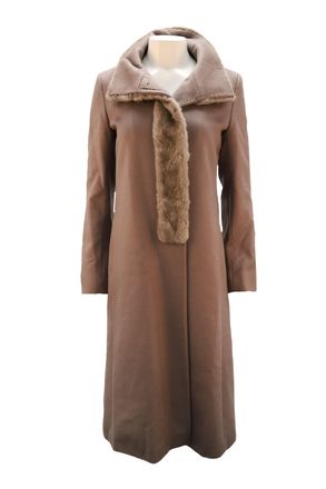 Max Mara Long Jacket with Faux Fur Collar in Brown Alpaca Fibre