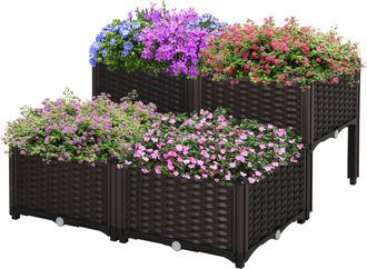 OEM Juego De 4 Jardineras De Exterior Cuadradas Imitaci&oacute;n A Mimbre Combinaci&oacute;n Libre Para Jard&iacute;n Patio 40x40x26/44 Cm Marr&oacute;n