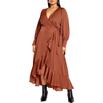 City Chic Oki Long Sleeve Wrap Maxi Dress in Copper at Nordstrom Rack, Size Xl/22W