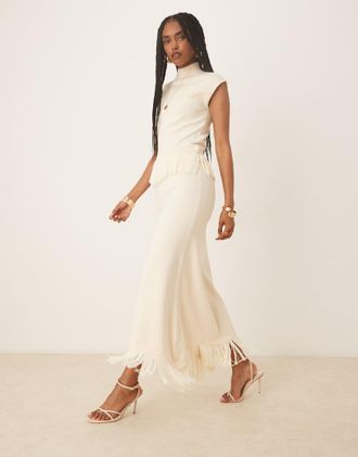 Pretty Lavish Orlendina - Gonna color panna con frange in coordinato-Bianco