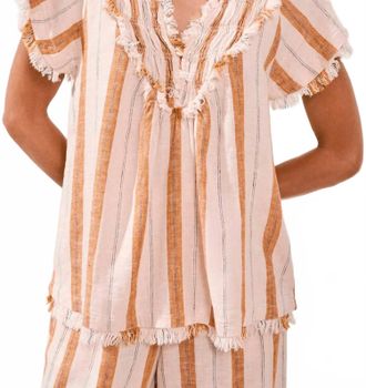 Tribal Textured Smocked V-Neck Short-Sleeve Blouse In Sahara Beige