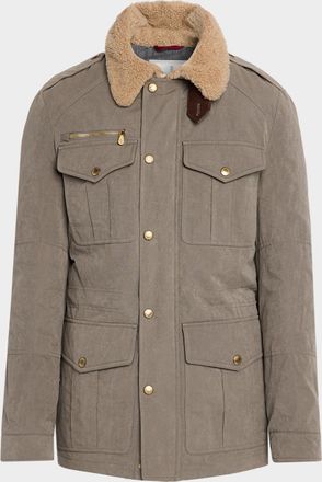 Brunello Cucinelli Men & apos;s Shearling-Collar Waxed Techno Cotton Safari Jacket