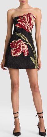 Alice & Olivia Katia Embellished Strapless Minidress in Soft Tulip Black at Nordstrom, Size 10