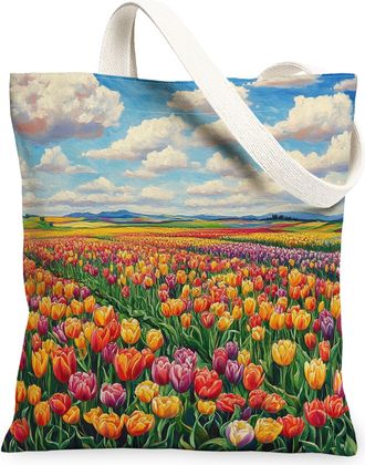 Generic Spring Tulip Flower Canvas Tote Bag for Shopping 13x15, Florals Landscape Reusable Grocery Print Pattern Bag for Women, Nature Scenic Beach Aesthetic 